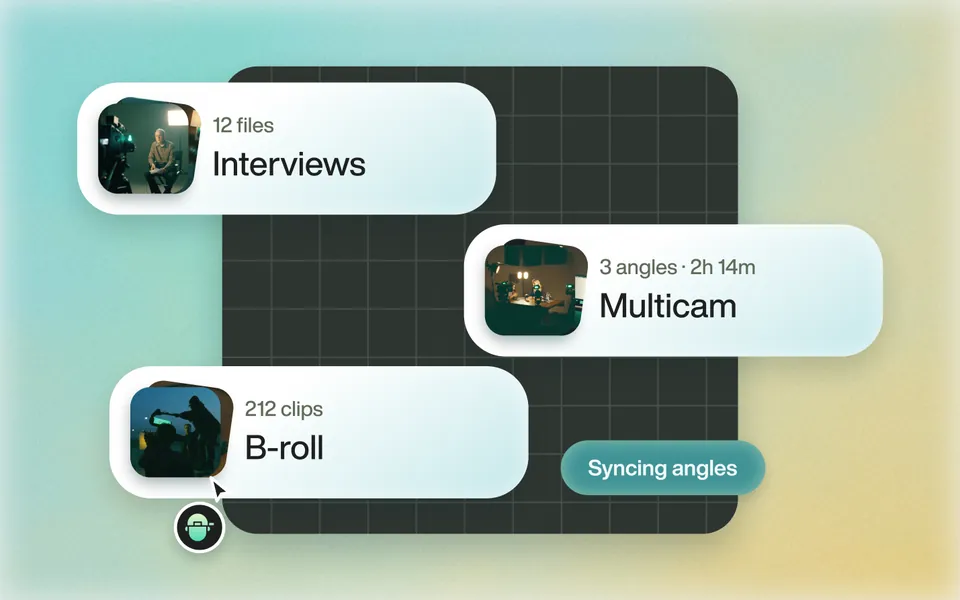 Interviews, a three-angle multicam and 212 B-roll clips imported, angles syncing