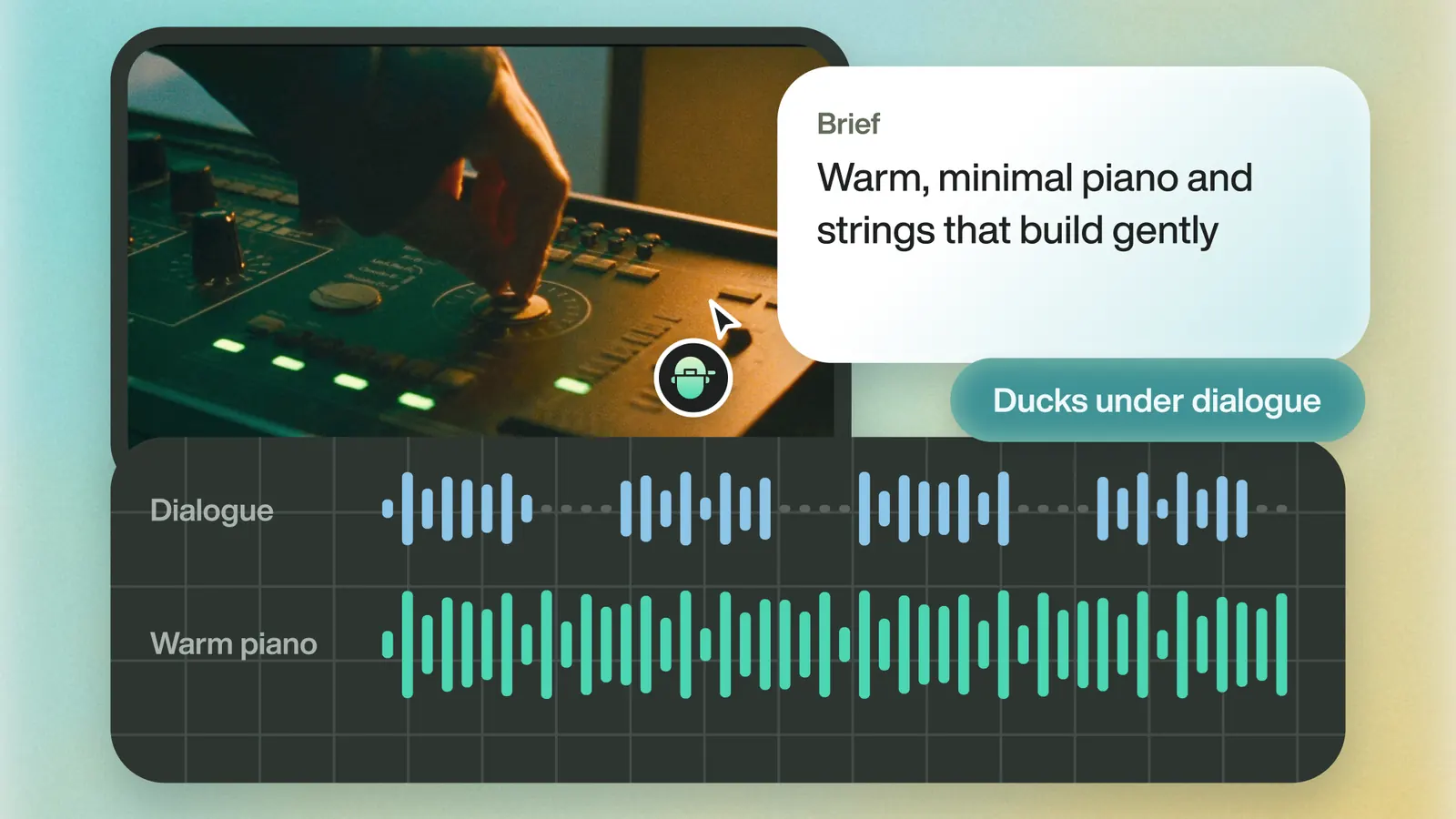 A warm piano track ducking under an interview's dialogue