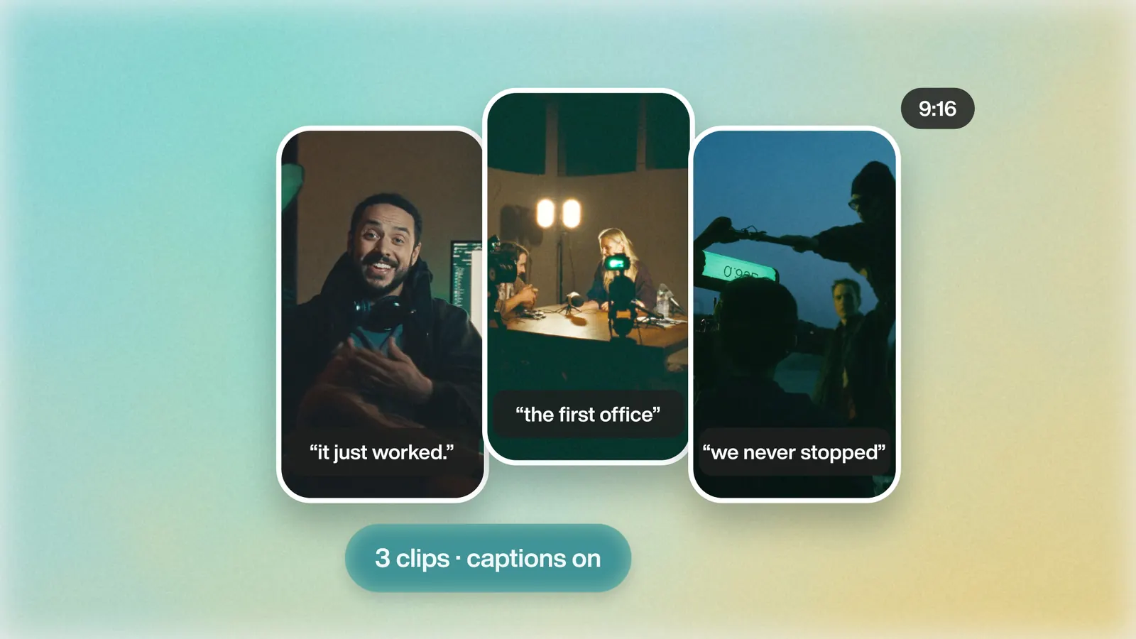 Three vertical clips from one interview, captions on