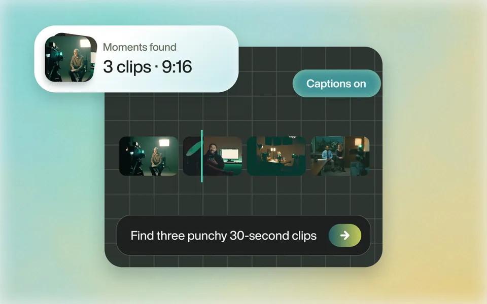 Three 9:16 clips found from the prompt “Find three punchy 30-second clips”, captions on