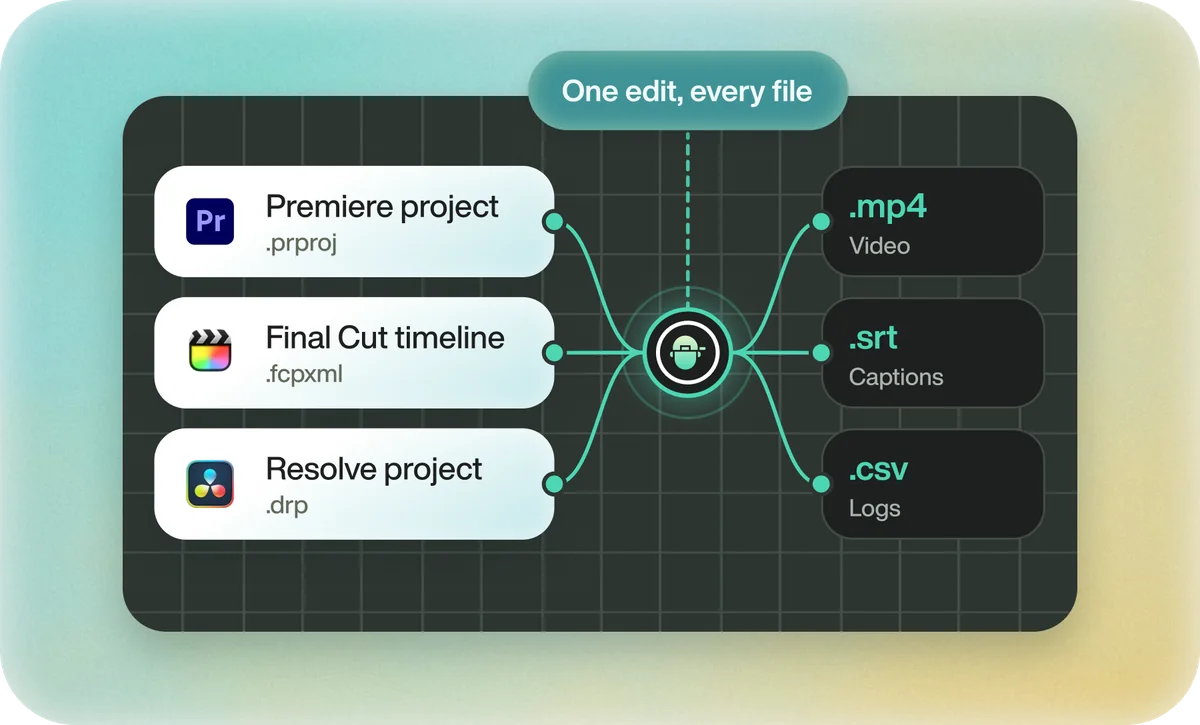 One edit, every file: a Premiere project, a Final Cut timeline and a Resolve project, plus MP4, SRT captions and CSV logs