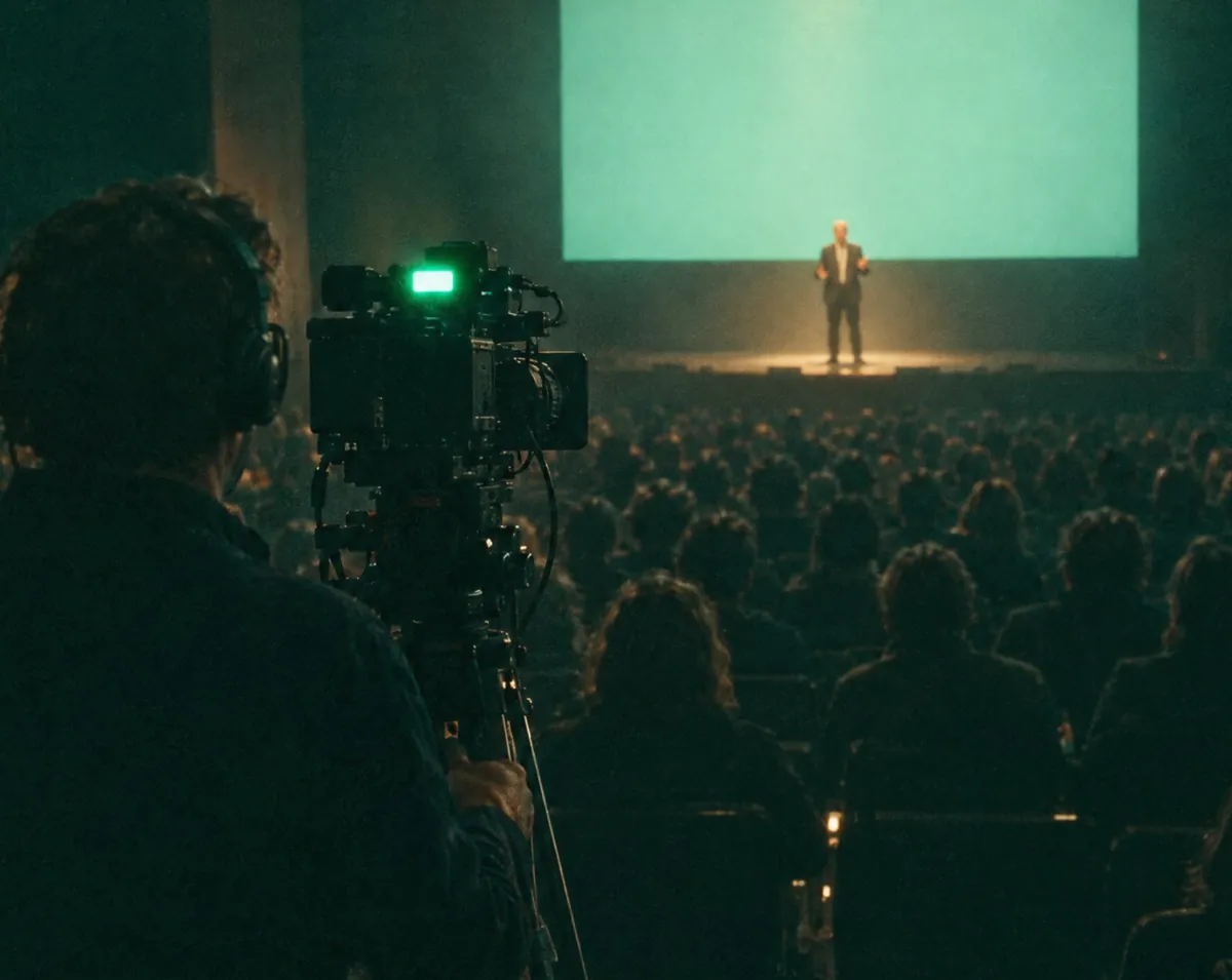 A speaker on a lit stage, filmed from the back of a full auditorium