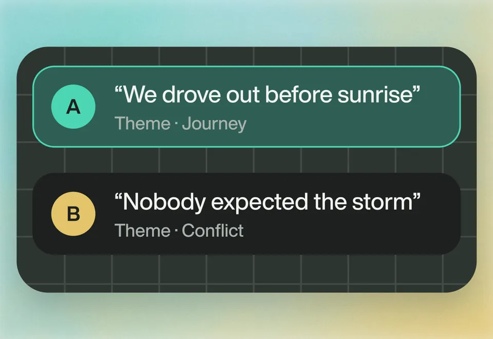 Soundbites grouped by theme: Journey, Conflict