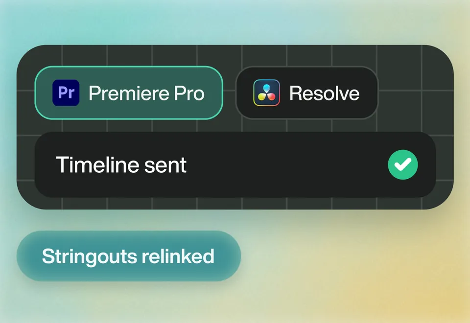A timeline sent to Premiere Pro or Resolve, stringouts relinked
