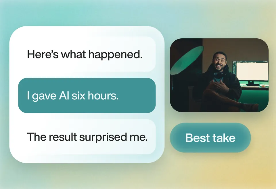 A script line, “I gave AI six hours”, matched to its best take