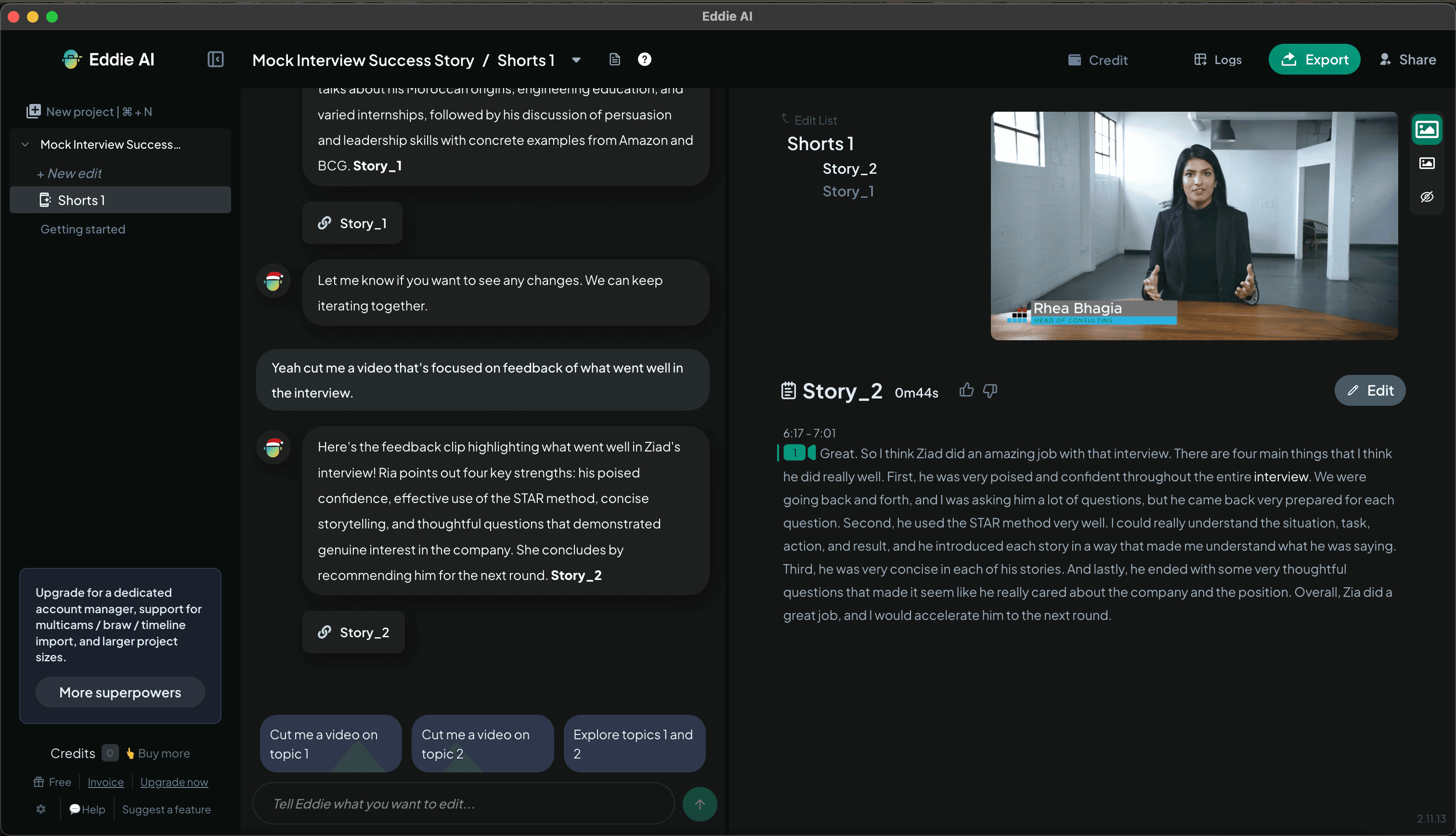 Eddie AI prompt interface for open-ended editing