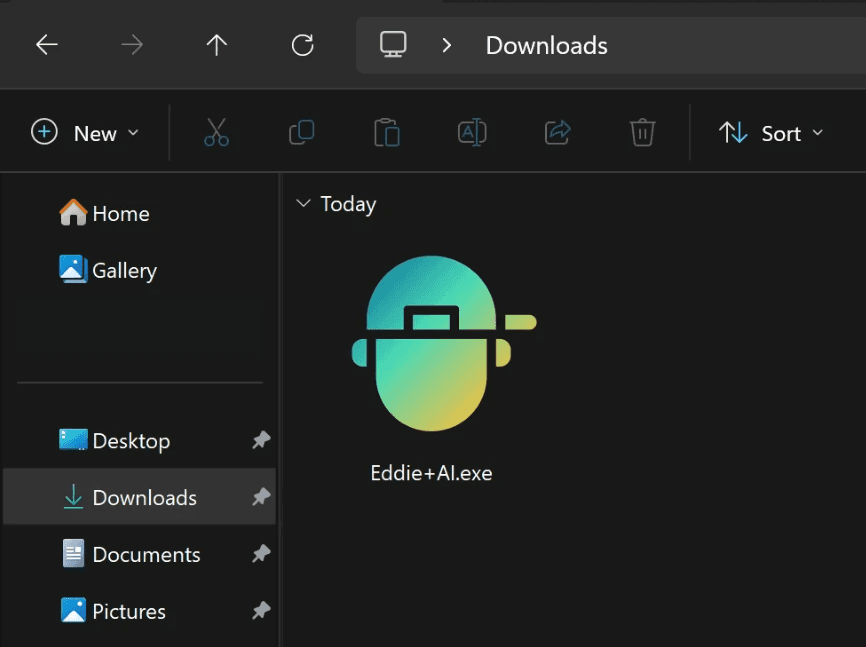 Eddie+Ai.exe with Eddie AI logo icon in the downloads folder