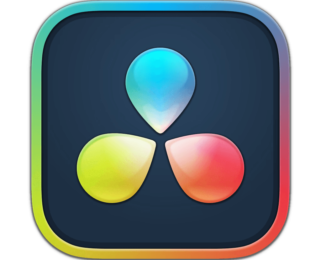 DaVinci Resolve logo on black background, three colorful drops.