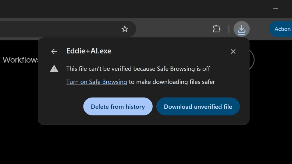Image of Chrome pop-up that asks for permission to download Eddie+AI.exe file