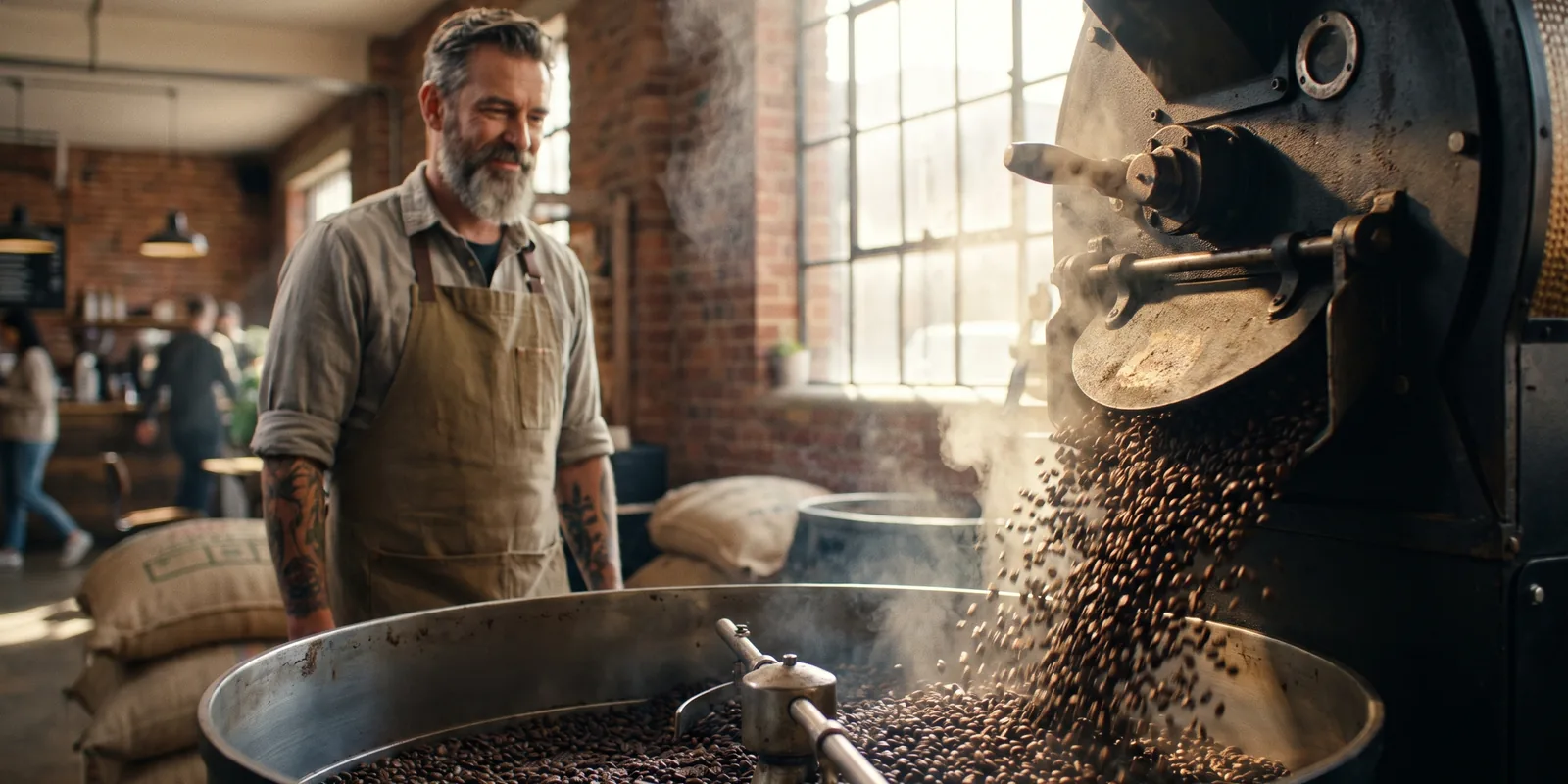 Freshly roasted coffee beans cascading out of a vintage drum roaster in warm morning light.