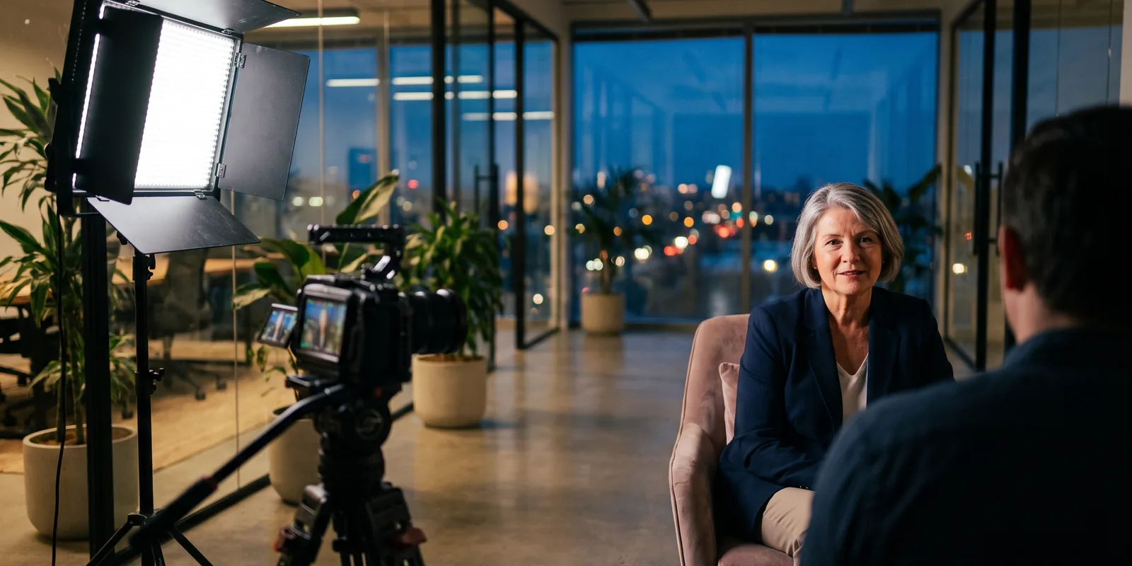 A corporate interview set at dusk, a cinema camera in the foreground and an executive seated in soft light.