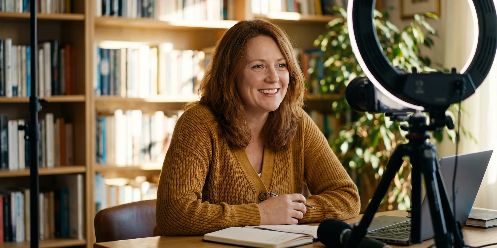 An instructor recording an online lesson at her desk, a camera and ring light in the foreground.