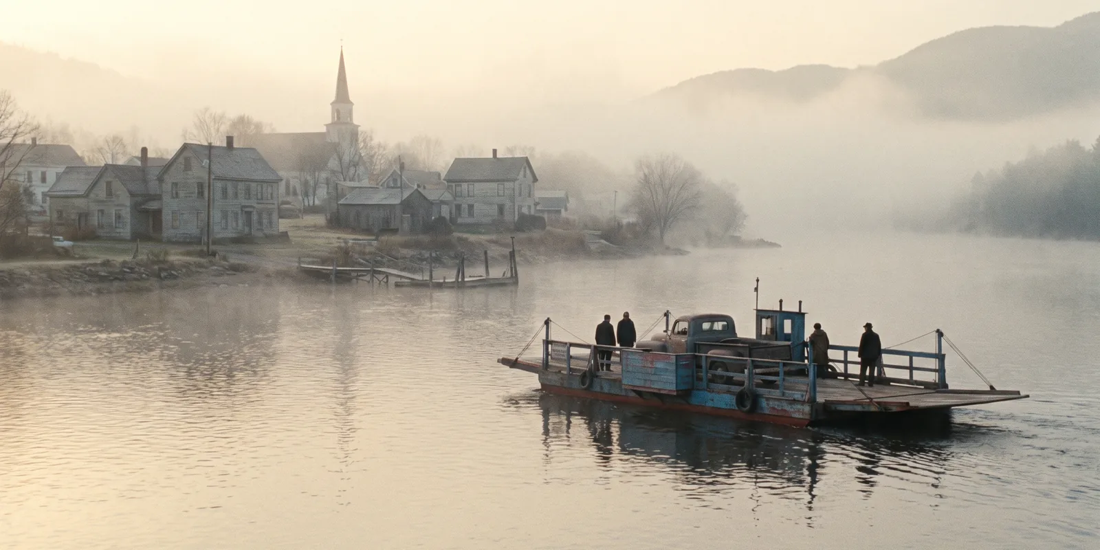 An old car ferry crossing a misty river at dawn toward a small town.