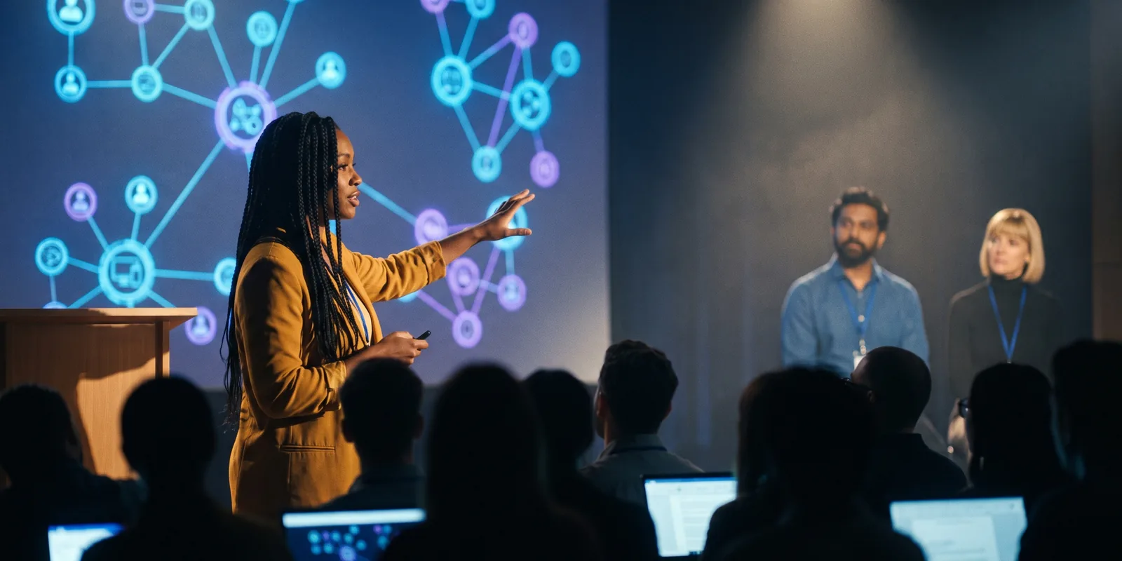 A speaker presenting in front of a huge screen of glowing diagrams to a developer audience.