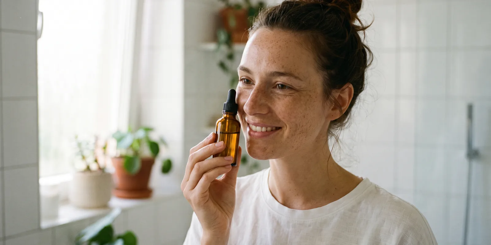 A skincare creator holding an amber dropper bottle near her face in soft window light.