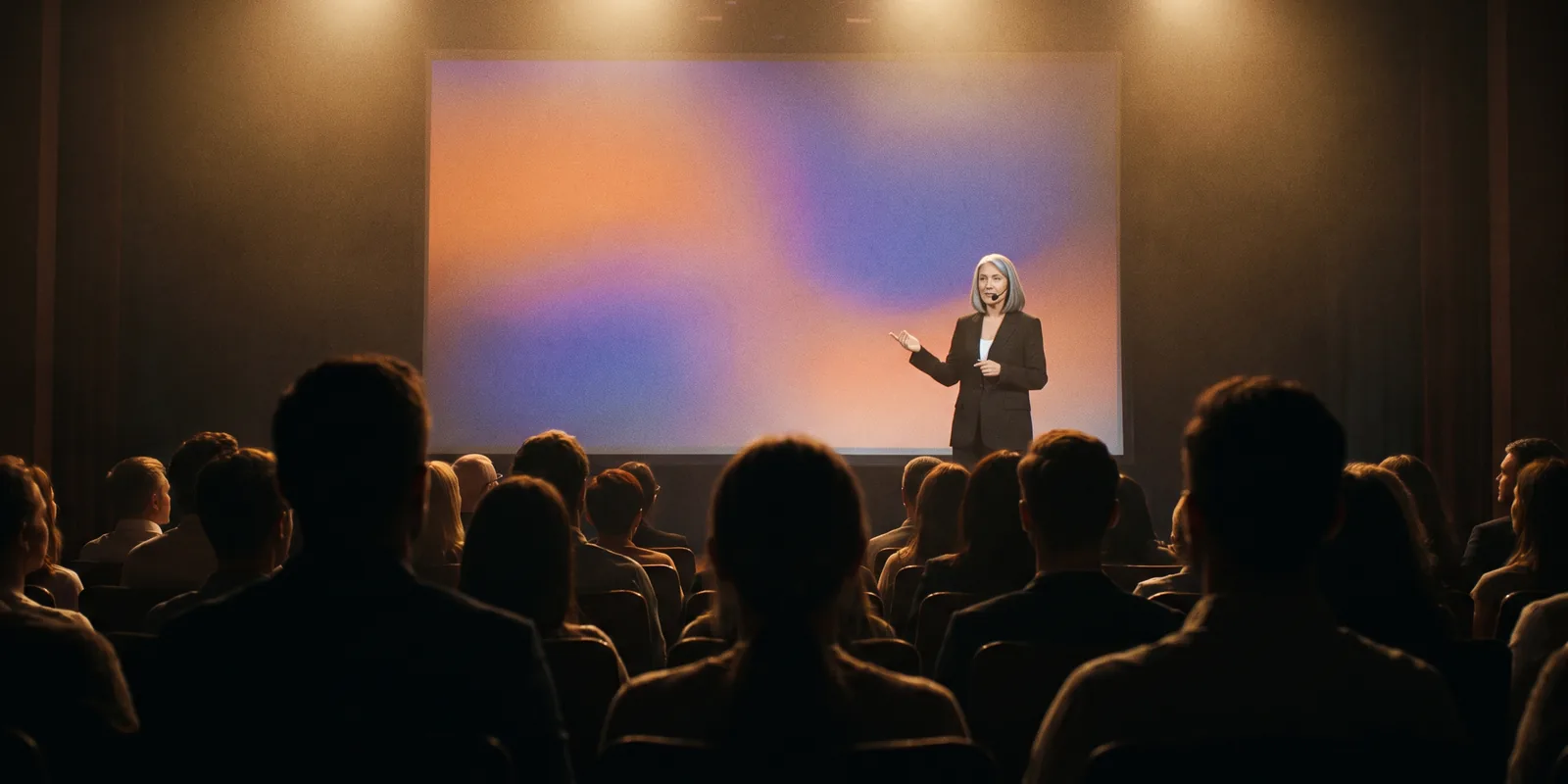 A founder giving a keynote on a dark stage, a glowing screen behind her and the audience in silhouette.