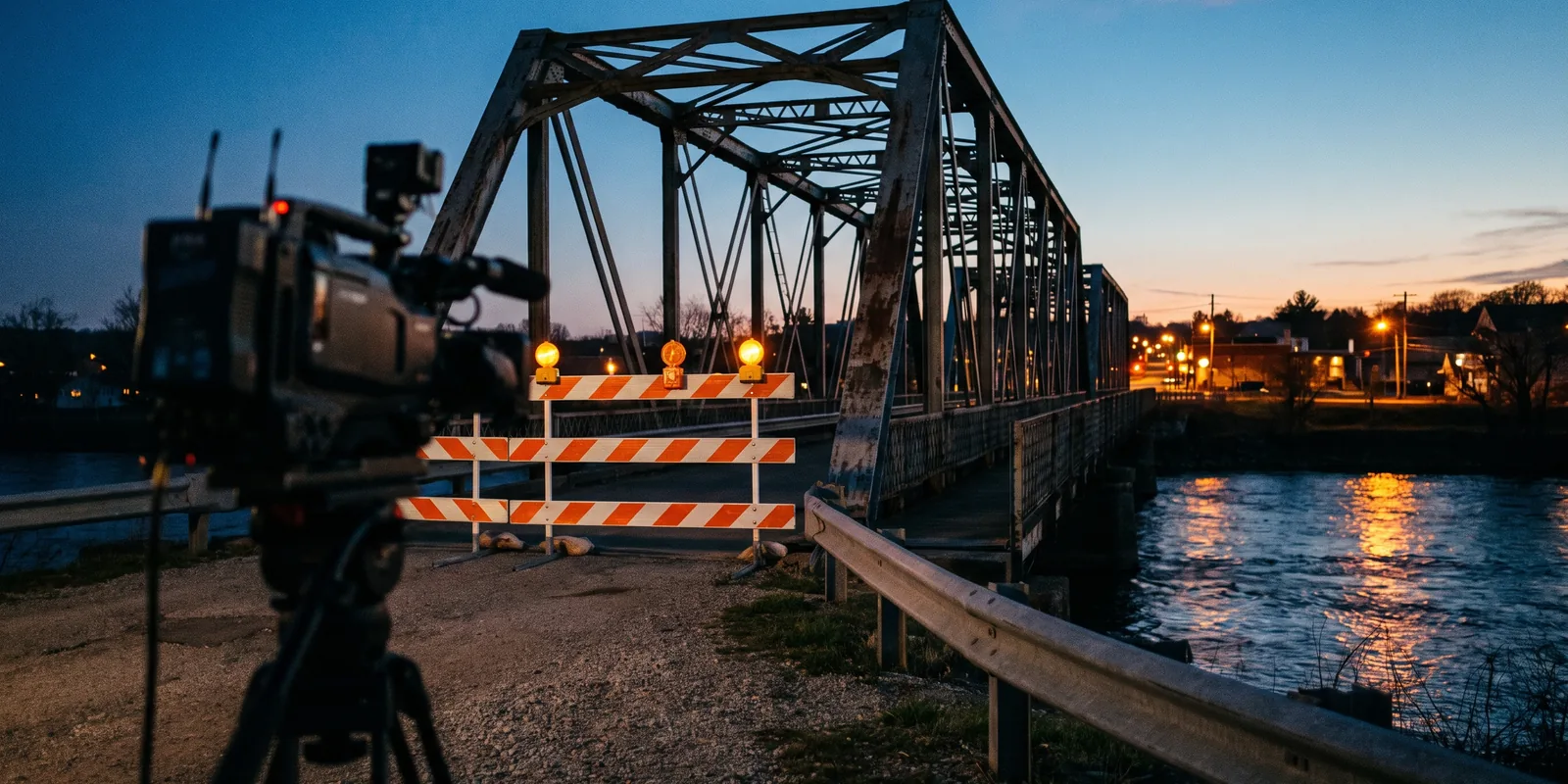 A closed steel road bridge at dusk behind barriers and amber lights, a TV camera in the foreground.