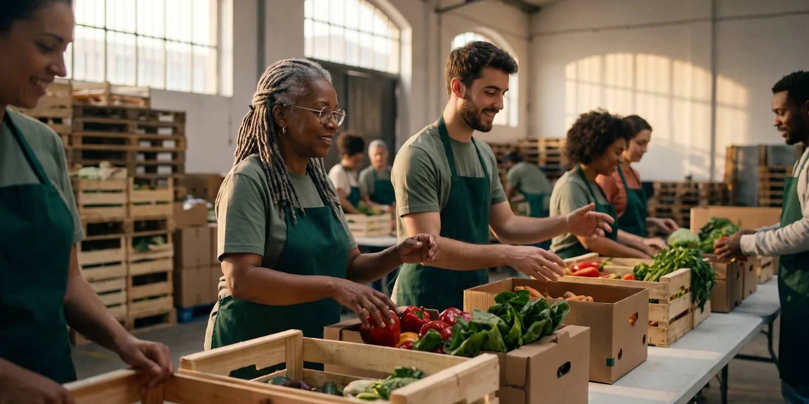 Volunteers in green aprons packing boxes of fresh produce in a sunlit warehouse.