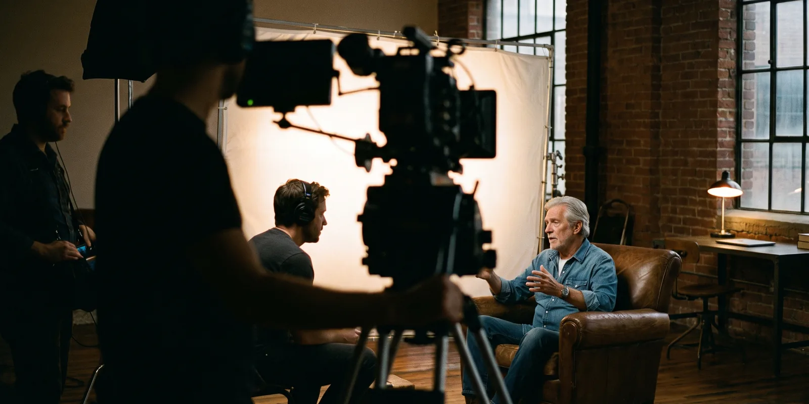 A cinematic interview setup in a brick loft, a camera in the foreground and the subject lit by a soft light.