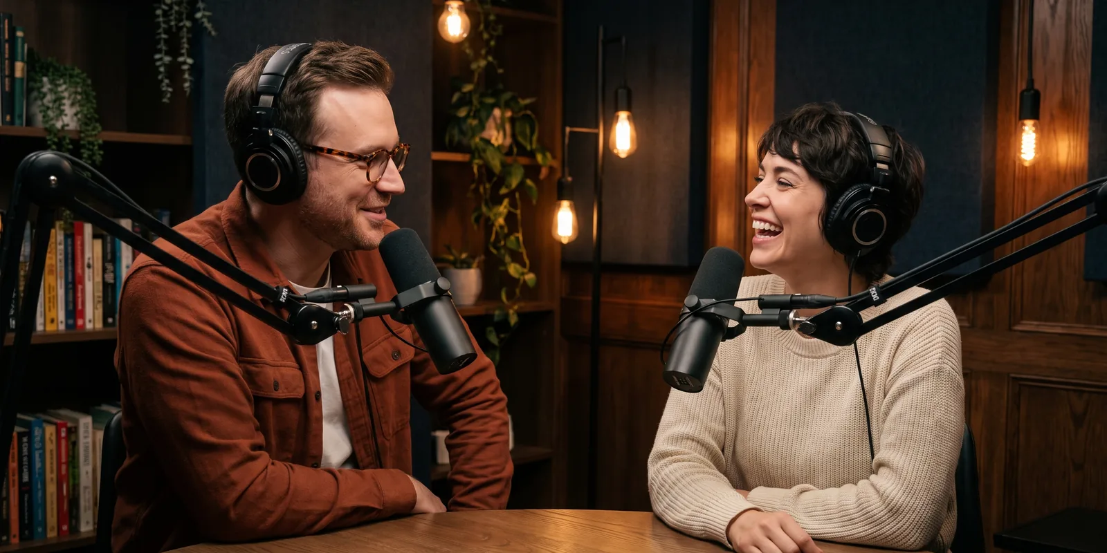 Two podcast hosts at broadcast microphones in a warm wood-panelled studio, one of them laughing.