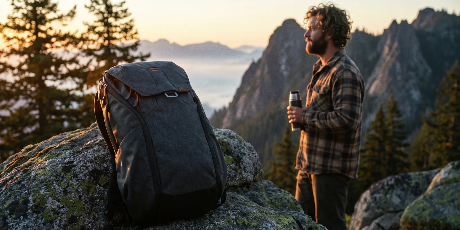 A rugged hiking backpack on a granite boulder on a mountain ridge at sunrise.