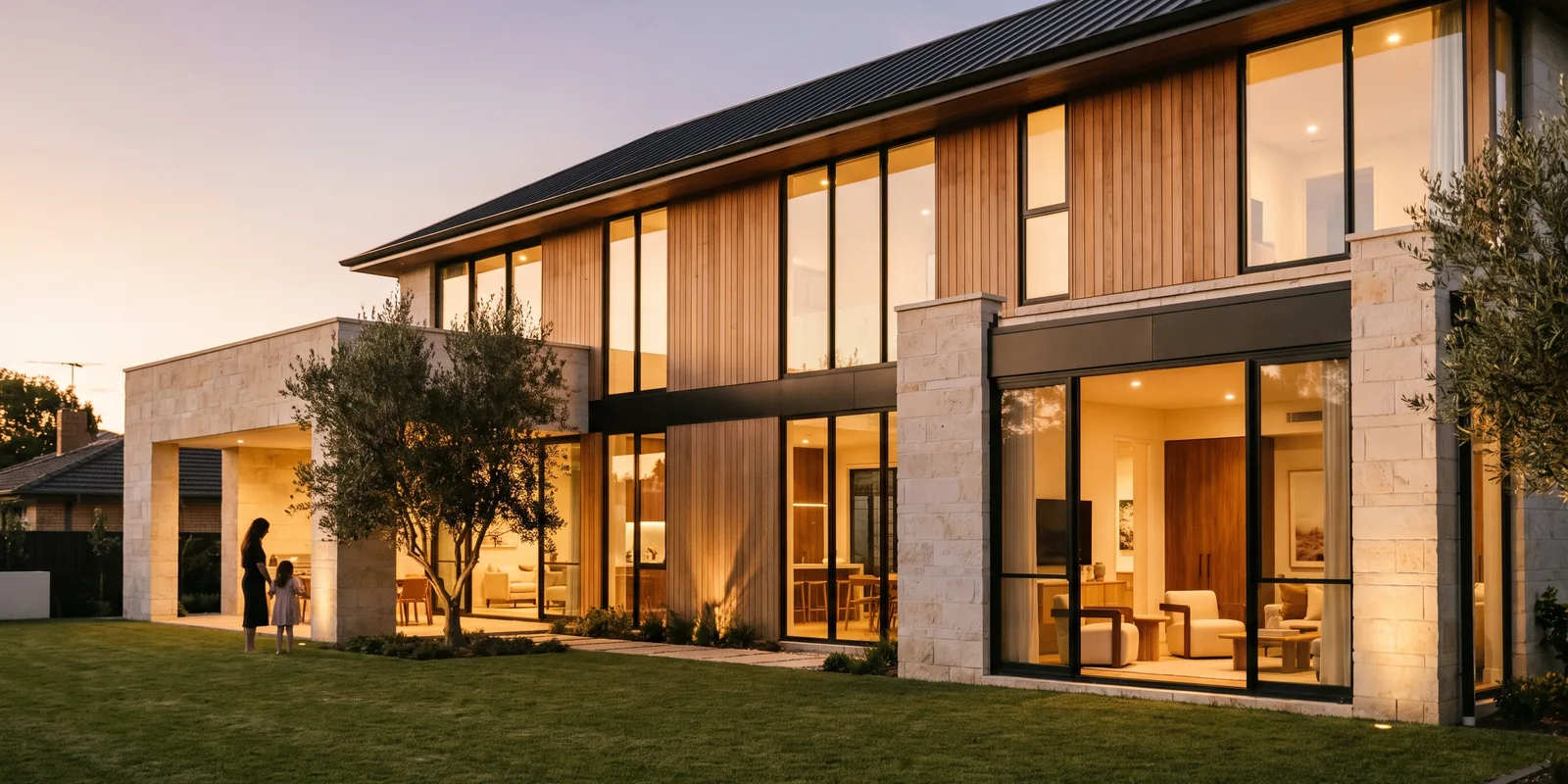 A modern timber-and-stone family home at golden hour, its windows glowing warm against a peach sky.