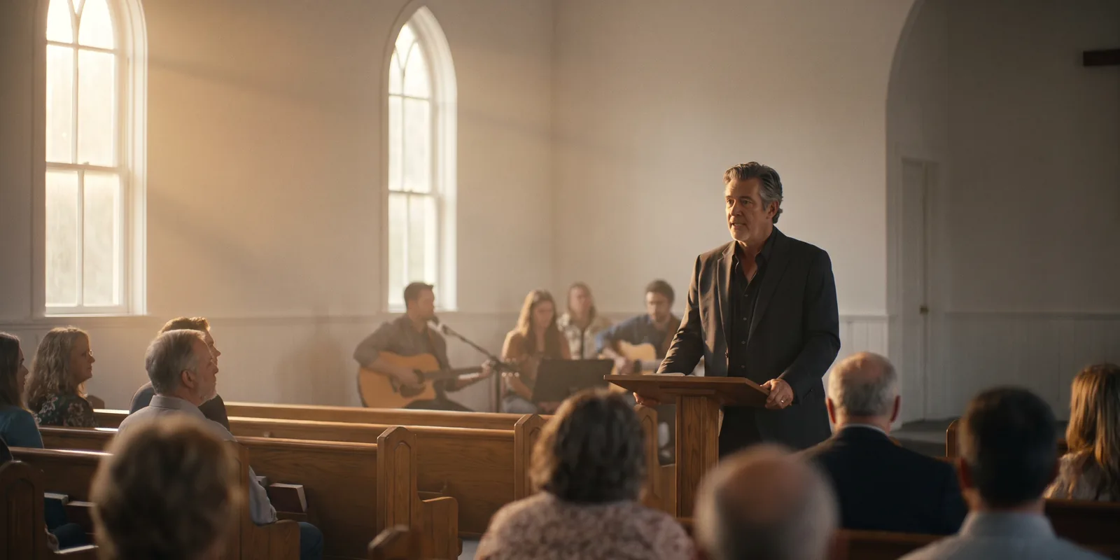 Morning light streaming through tall church windows across the pews, a pastor at the pulpit.