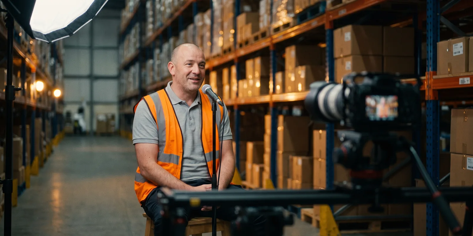 An operations manager seated for an interview in a warehouse aisle, racking glowing behind him.