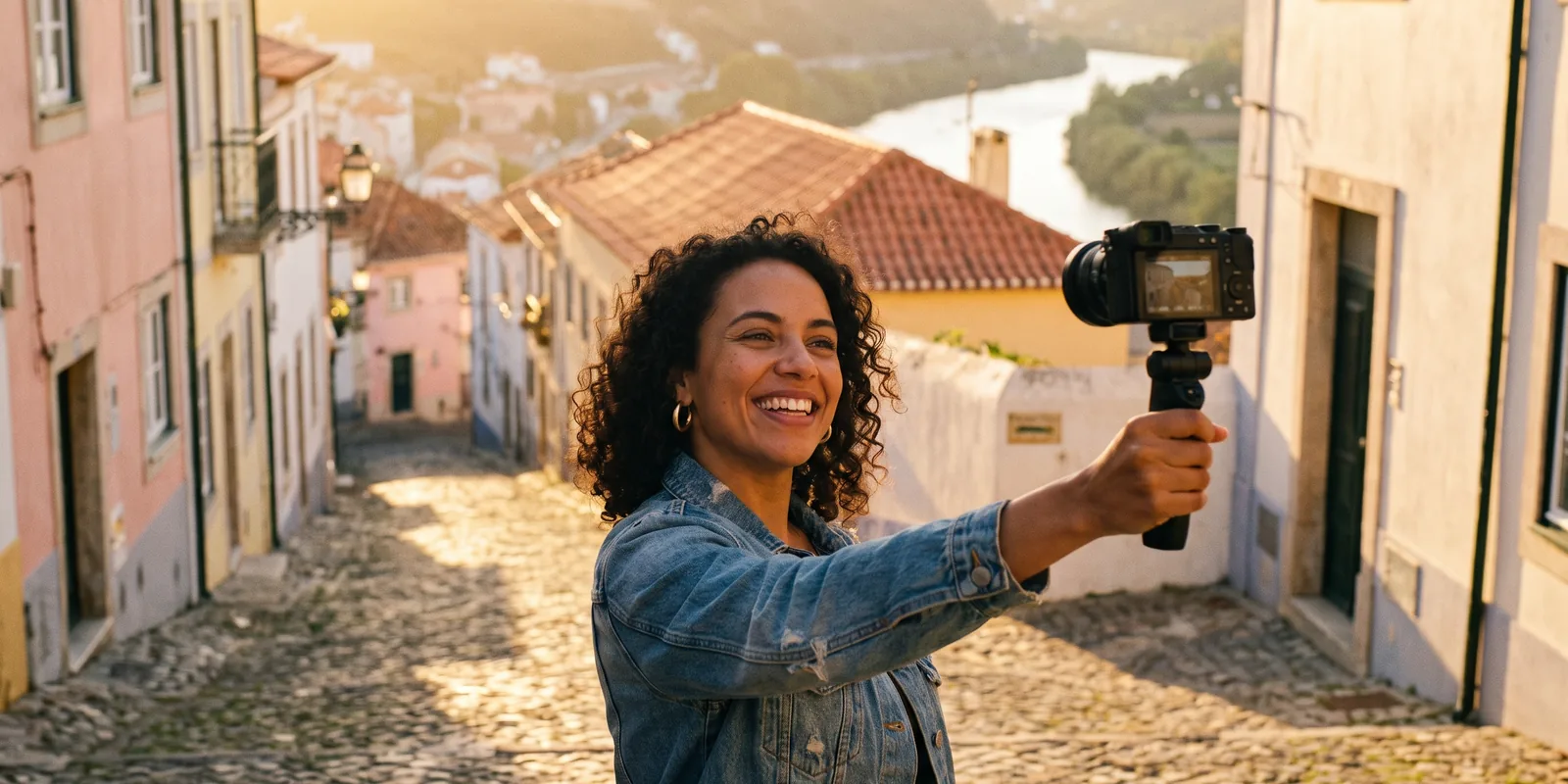 A travel vlogger filming herself on a cobbled hillside lane at golden hour, rooftops and a river behind her.
