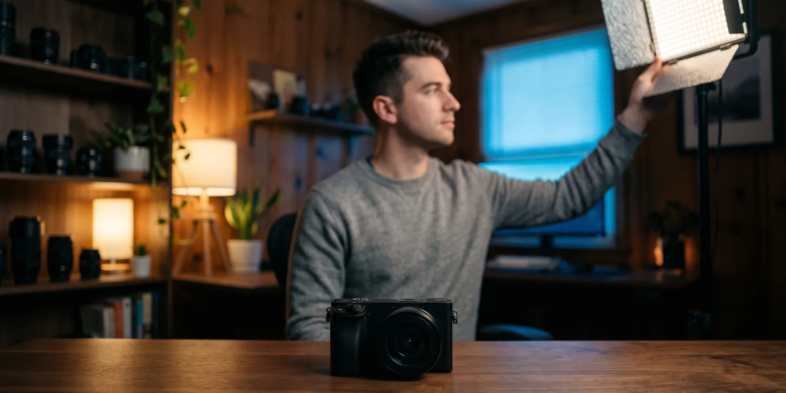 A compact camera on a walnut desk in a moody home studio, the reviewer adjusting a light behind it.