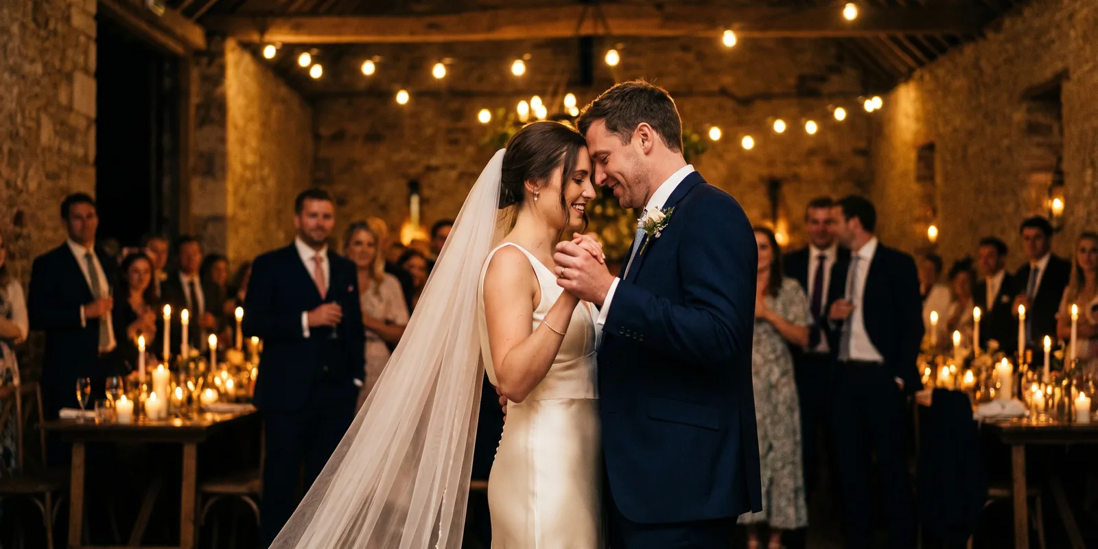 A couple's candlelit first dance in a stone barn under warm string lights.