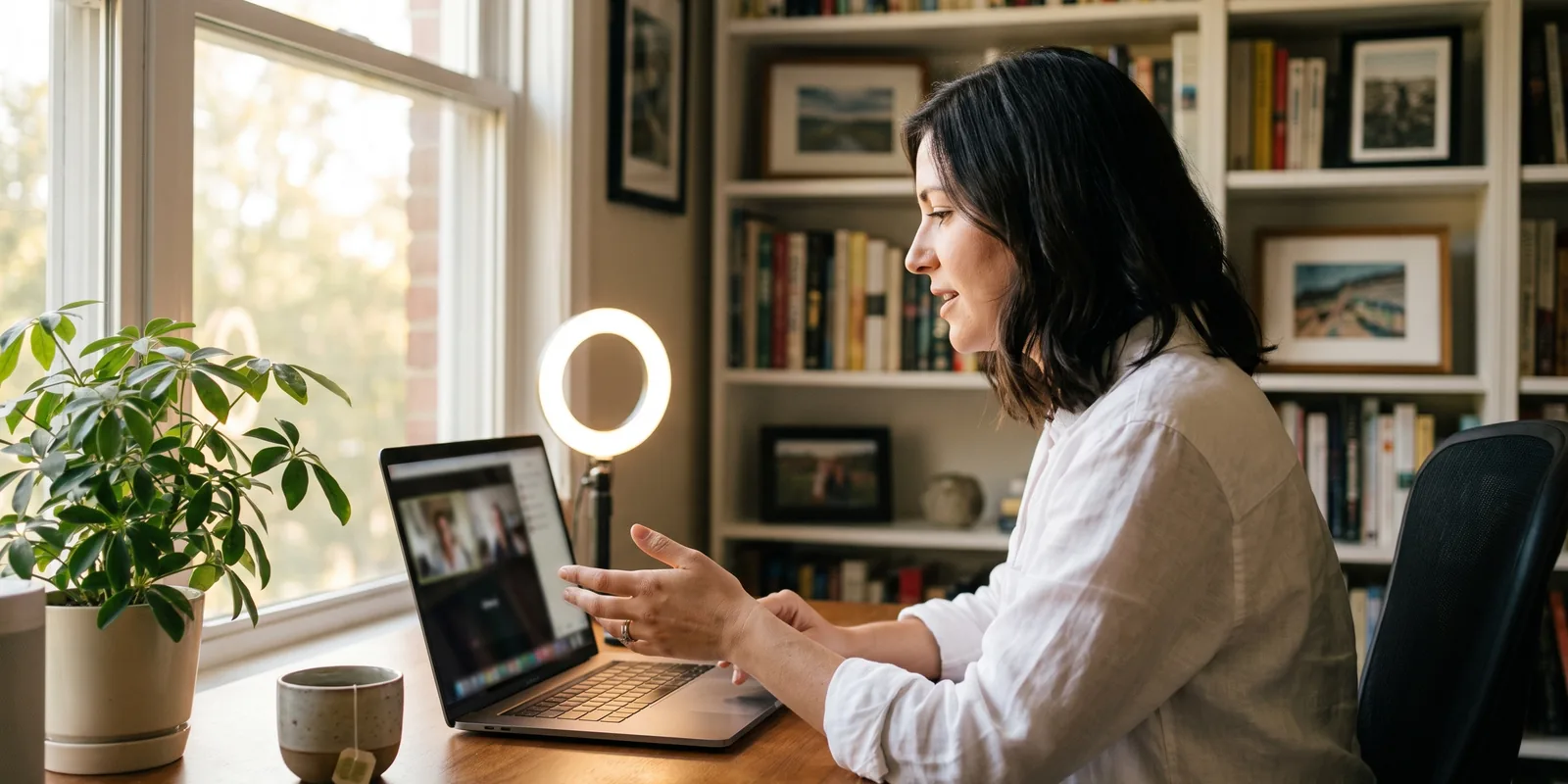 A presenter hosting a webinar from a bright home office, laptop and ring light in the foreground.