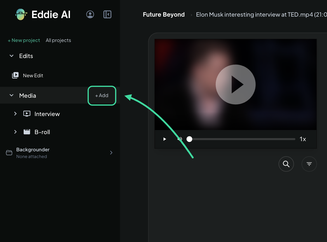 The project sidebar: + Add next to Media opens the add-media page.