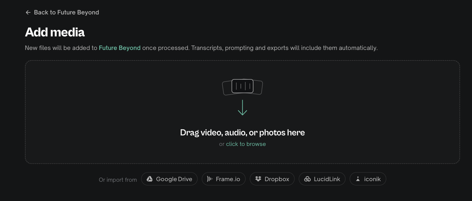The Add media page: drag files in or import from the cloud — new files join the project named in the banner.