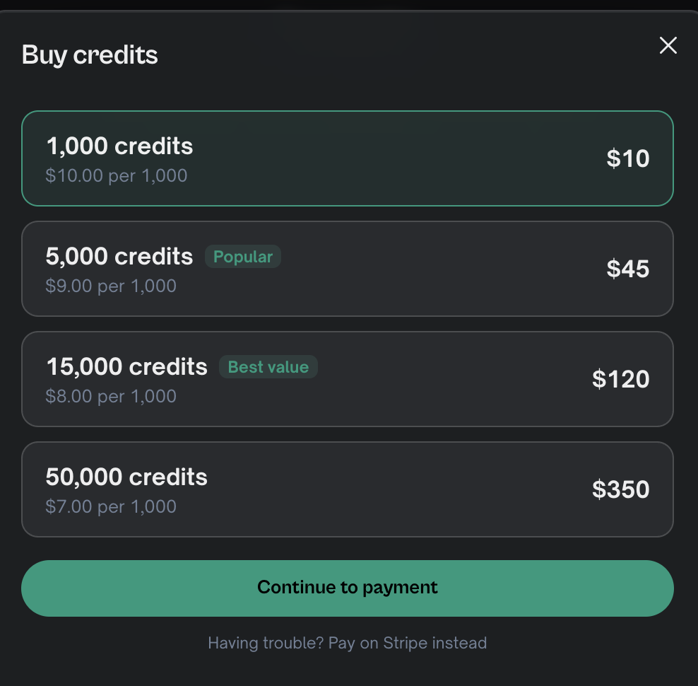 Buy credits — pick a pack; buying from a team workspace's sidebar tops up that workspace's shared pool.