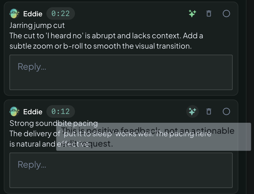 Green spark: Eddie is confident it can implement the note. Gray spark: hover to see its one-line reason — clicking still works.