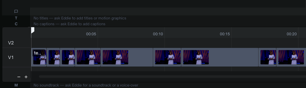 The timeline — titles (T) and captions (C) rows sit above the video tracks (V1, V2), with the music row (M) beneath.