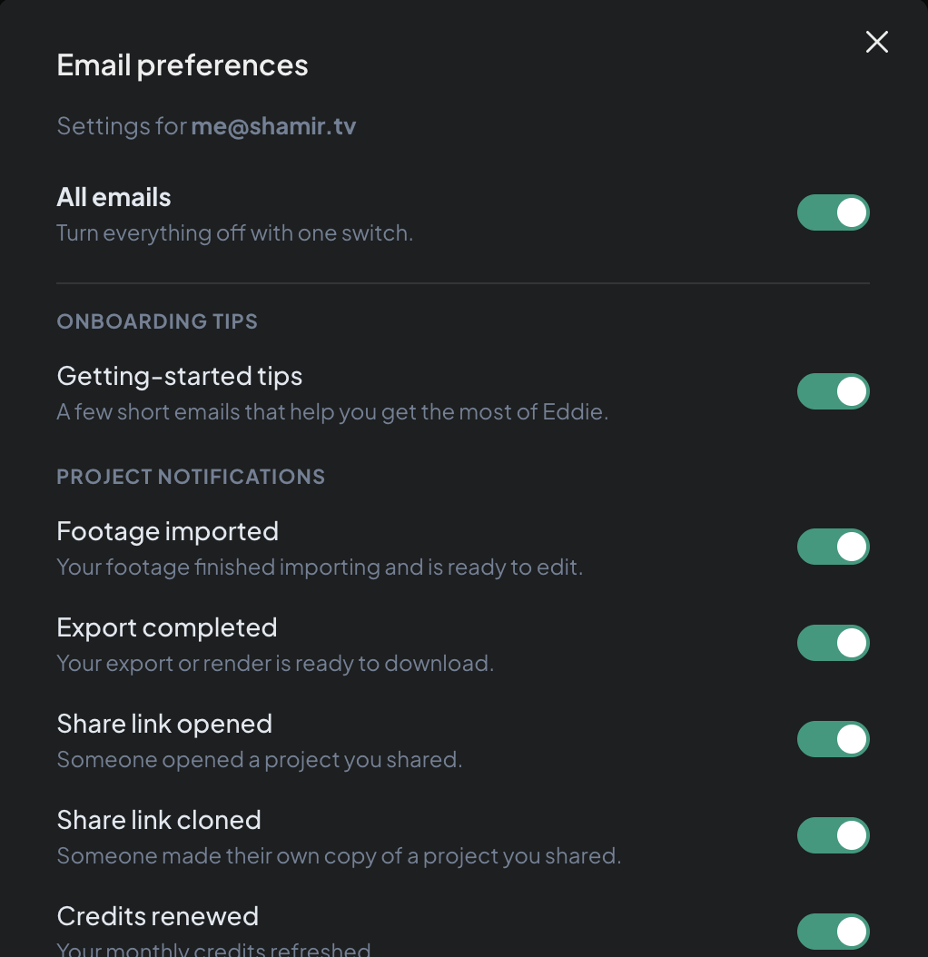 The Email preferences panel — a master switch plus grouped categories
