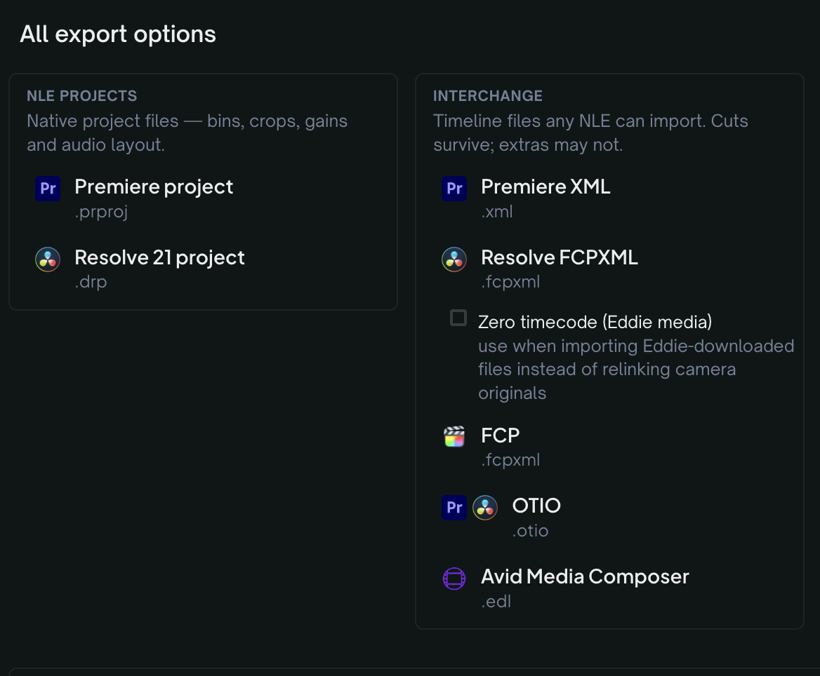 All export options — native project files (.prproj, .drp) alongside interchange timelines (XML, FCPXML, OTIO, EDL) any NLE can import.