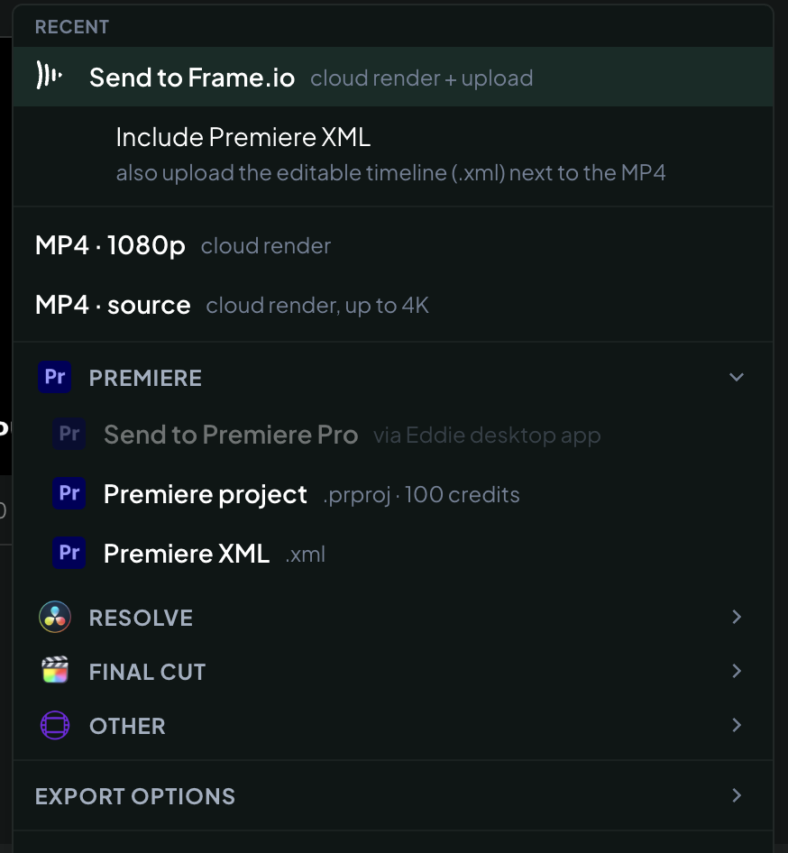 Send to Frame.io in the web app's Export menu — cloud render + upload, with the optional Include Premiere XML row beneath it.