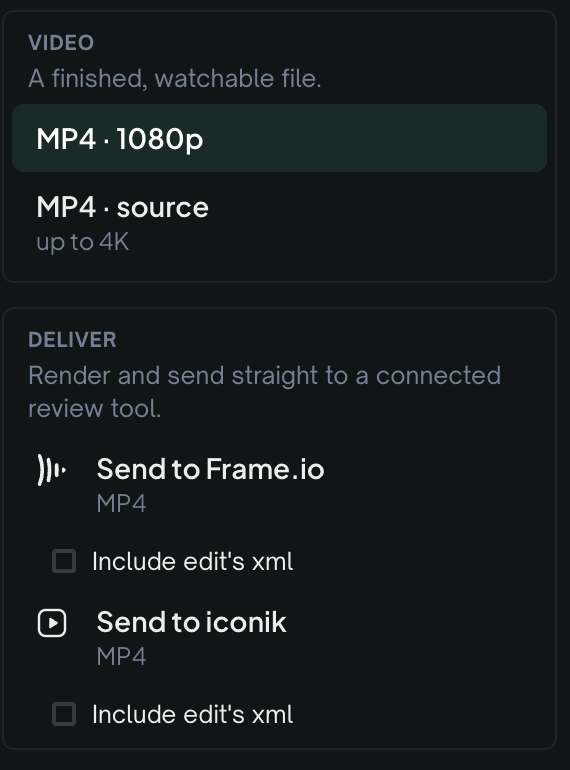 MP4 in All export options — 1080p or source resolution, with Deliver options that render and send straight to a connected review tool.