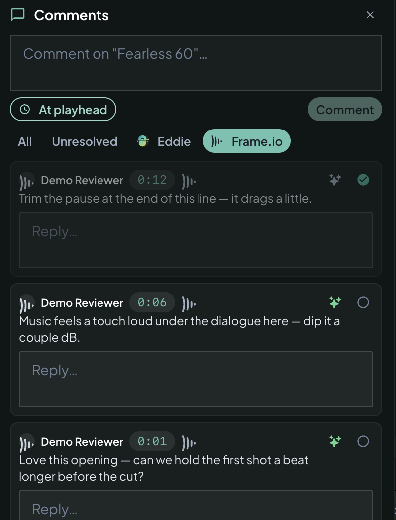 Frame.io reviewers' comments in the Eddie comments rail — filtered to Frame.io, each mapped to its timecode, with a ✨ spark to implement and a resolve control.