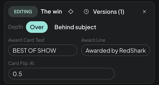 The Editing bar for a selected graphic: pick an element, browse Versions, choose Depth, and edit its words and numbers directly.
