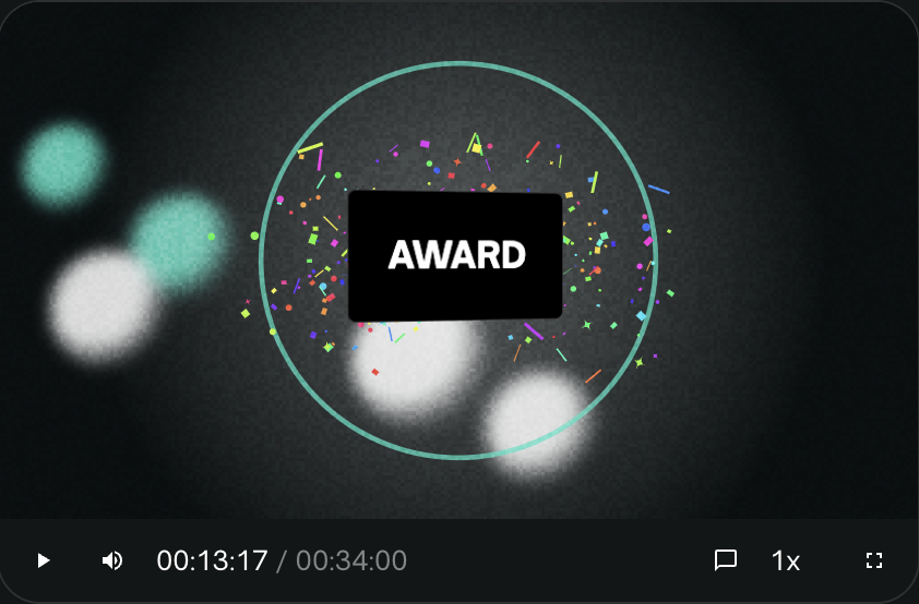 A motion graphic playing live in the player: an award card Eddie authored from a one-line prompt, over a graphics-only canvas.