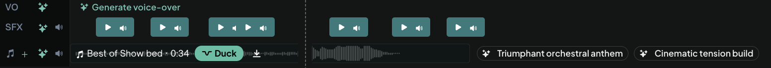 The VO, SFX and Music lanes: sound-effect cues placed by the graphics, the music bed with Duck on, and two suggested music tracks (dashed line marks a crop).