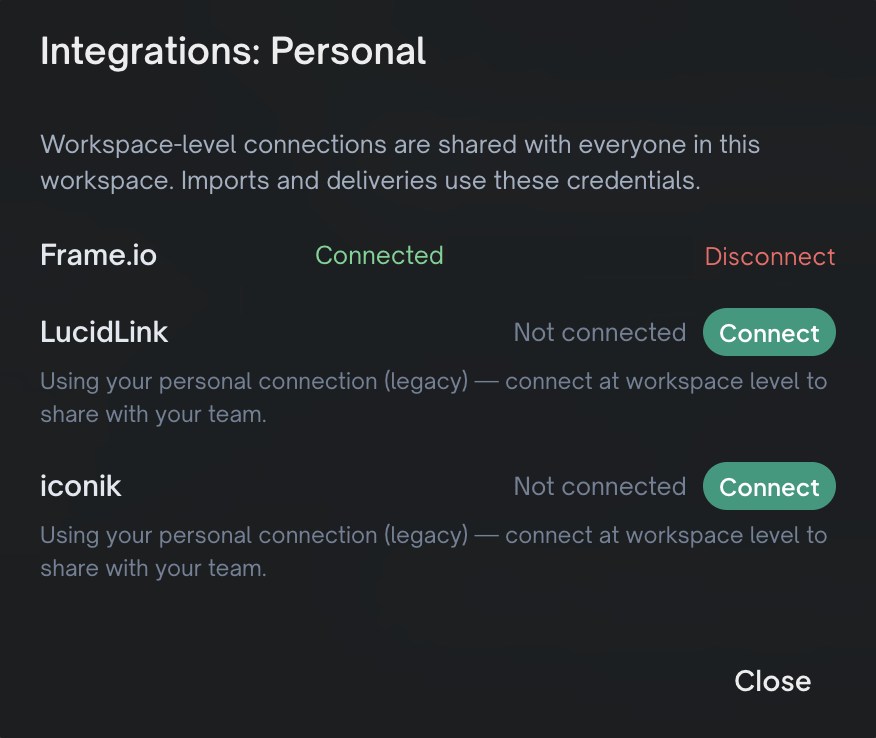 The Integrations screen — workspace-level connections are shared with everyone in the workspace, and imports and deliveries use them.