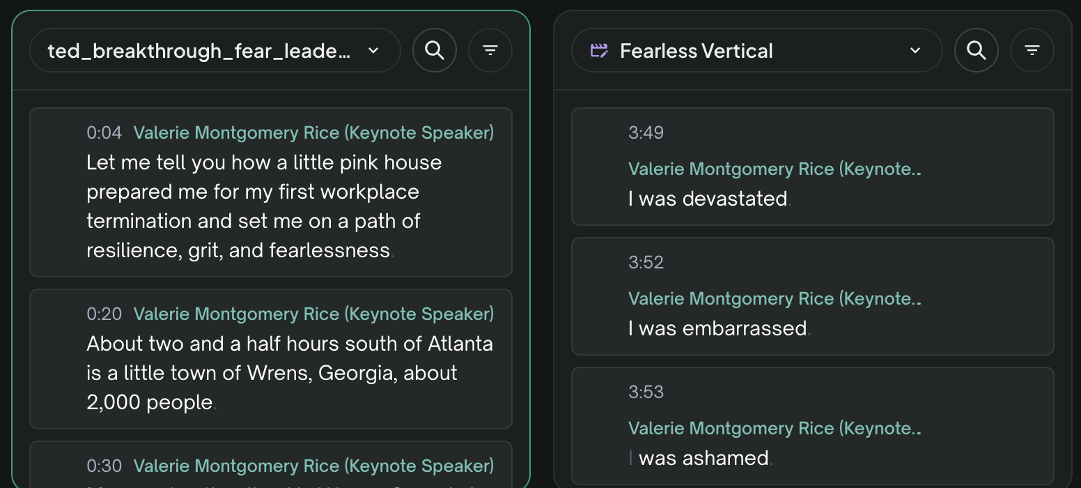 The paper edit view — the full source transcript beside the edit's kept lines, with timestamps and speaker labels.