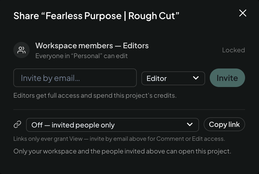 The Share modal — invite by role, or copy a view-only link