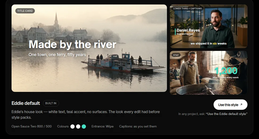 A Style on the Styles page: a title card, a lower third with captions, and a stat, all in one look, with the Use this style button