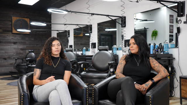 Jessica and AlizΓ© Hernandez during the interview shoot at Simply Men's Barbershop